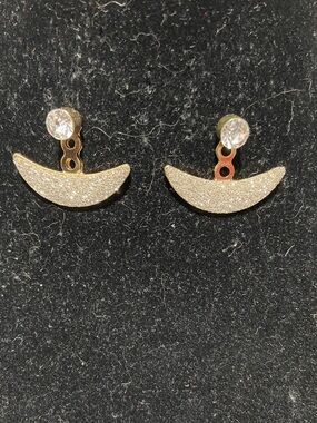 Gold Tone Crescent Drop Jacket Stud Earrings with Clear Rhinestones and Glitter